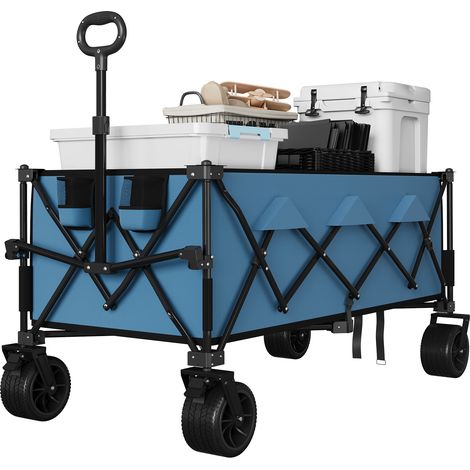 Chariot de camping 35" pour plage, Capacité 350 lbs, ultra-grand volume 280L, tout-terrain, avec porte-gobelets et freins, Bleu (1/5)