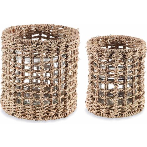 Portacandele / porta utensili in fibra naturale con vasetto di vetro in set da due pezzi, Grande: Ø 17,5 cm x 18,5 H