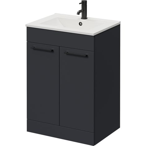 Napoli 460 Gloss Grey 600mm 2 Door Vanity Unit with Angel Basin - 600mm - Matt Black 160mm Handle
