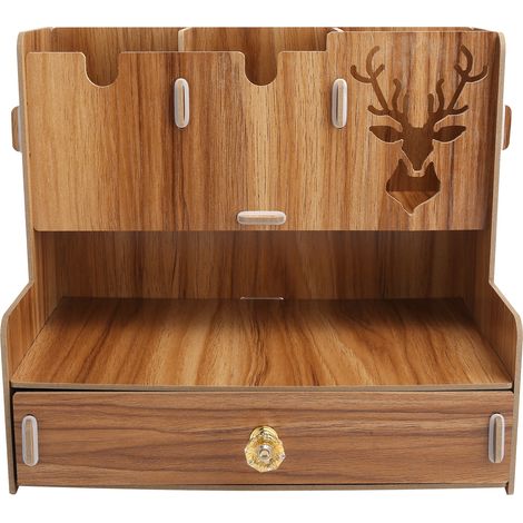 boîte de rangement-Organisateur de bureau en bois avec rangement pour stylos - Porte-accessoires multifonction MDF couleur cerise (1/4)