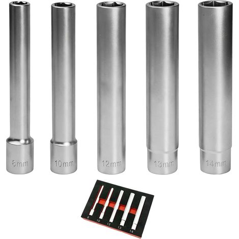 Jeu de 5 Pièces Douille Longue Hexagonales 8-14mm,Douille Bougie 3/8 Pouce,Cle a Douille de 120mm en Acier Chrome Vanadium,Outil de Réparation pour Moteur (1/5)