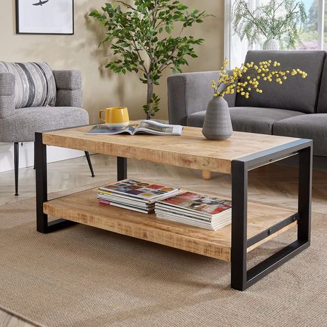 Industrial Coffee Table Mango Wooden Top Sturdy Iron Frame Home Living Furniture (1/5)