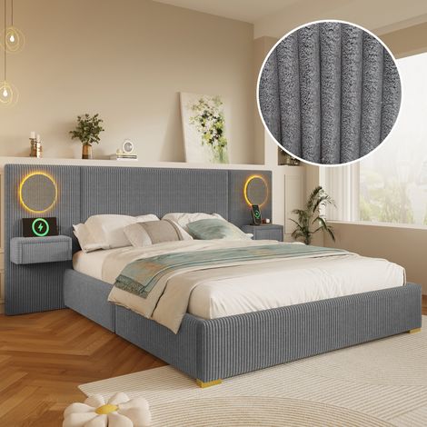 Cama 180x200 cm de terciopelo gris con cabecero LED, USB y cajones DESVIAE (1/5)