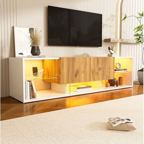 DESMIU Meuble TV LED avec 2 tiroirs et 3 niches de rangement pour salon, en panneaux de particules, blanc et bois naturel, 160 × 40 × 42 cm (1/5)