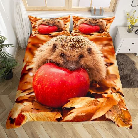 Parure de Lit 220x240 Enfant Hérisson Housse de Couette Fruits Sucrés,Ensemble de Literie Pomme Rouge Housse Couette Automne Feuilles Tombées,Couvre-Lit Imprimé Animaux Sauvages Nature,3 Pièces (1/5)
