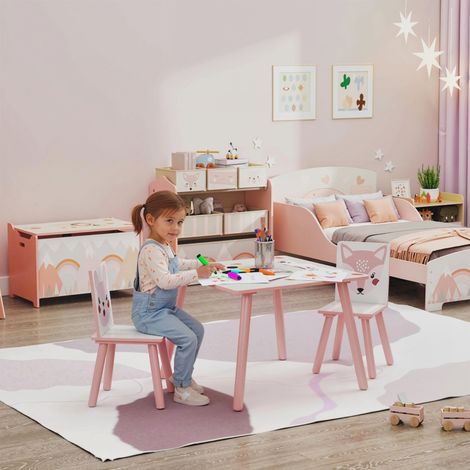 Table enfant en pin rose avec 2 chaises motif animal, pour chambre d'enfant 3-8 ans (1/4)