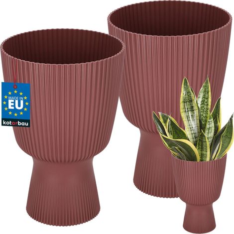 KOTARBAU® Lot de 2 Pot de Fleur Ø 18 cm - Pot de Fleur Interieur - PVC - Pot de Fleur Exterieur - Pot pour Plante avec Socle - Nervuré - Forme de Coupe - H: 27 cm - Marsala (1/4)