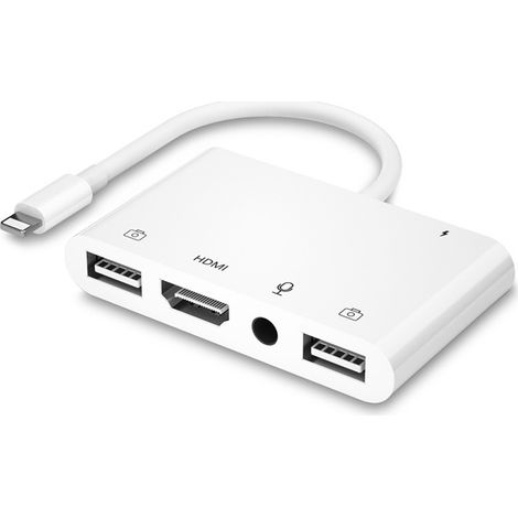 Adaptateur HDMI OTG pour iPhone, HDMI + Double USB Femelle OTG + Adaptateur Répartiteur de Casque 3,5 mm avec Port Charge Compatible avec iPhone (1/5)