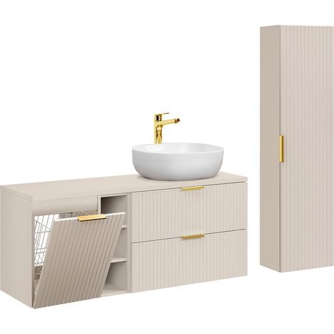Conjunto mueble lavabo individual 140cm 3 compartimientos cesto de ropa y columna Adriel Cachemira (1/4)