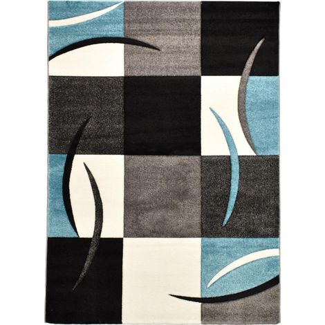 Tapis salon et chambre Ø100cm bleu rond tissé motif damier LYN8 COMMA (1/5)