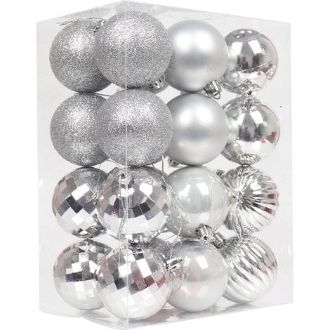 Set mit 24 dekorativen Weihnachtskugeln, bruchsichere, hängende Weihnachtsbaumkugeln, glänzend und funkelnd mit Aufhängeschlaufe für Weihnachtsbaum, Hochzeit, Party (Silber)
