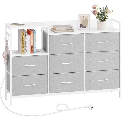 WOLTU Modern 8 Fabric Drawer Chest of Drawers with Charging Station Light Grey+white (1/5)