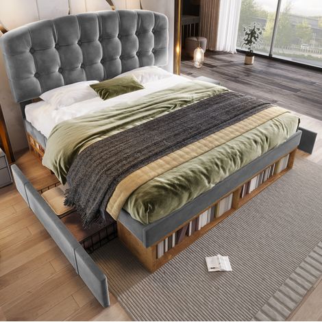 Cama doble con almacenaje y cabecero ajustable gris OKMYHOME (1/5)