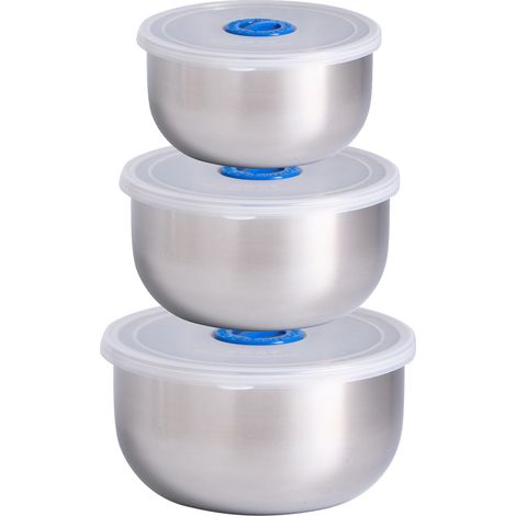 Ensemble de 3 bols mélangeurs avec couvercle, en acier inoxydable antidérapant, bols de service, récipients de rangement, bols empilables en métal avec couvercles hermétiques (1/5)