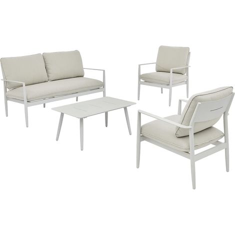 Salotto da giardino in alluminio: un divano 2 posti, 2 poltrone e un tavolino Bianco con cuscini beige - TAVINYA di MYLIA (1/5)