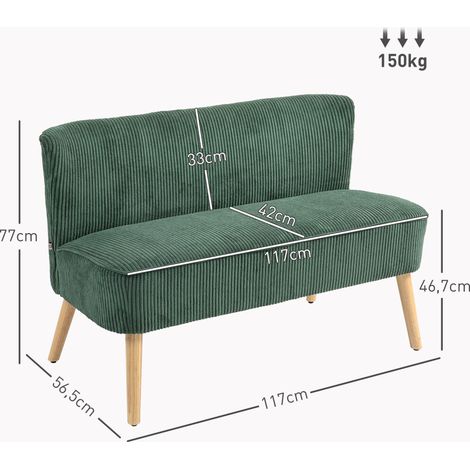 Canapé 2 places capitonné, bois, polyester effet velours, mousse, 117 x 56,5 x 77 cm, vert (1/5)