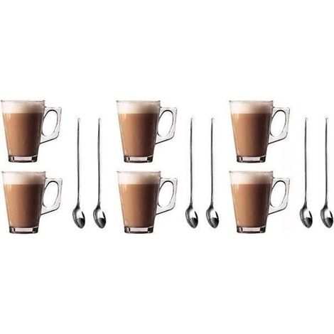 Lot de 6 verres pour latte Tasses 250 ml (Arc)+Lot de 6 sans manche long (19 cm) Cuillères à Café Latte en acier inoxydable LBQ93 (1/4)