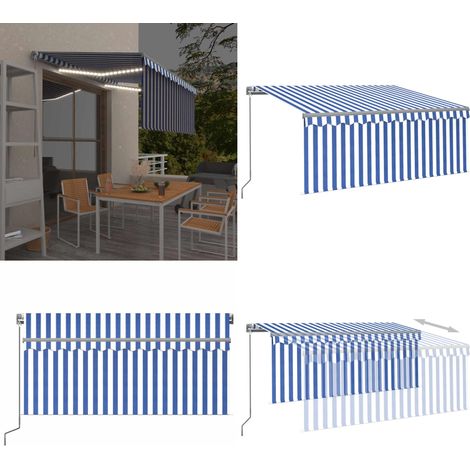 Auvent rétractable manuel avec store LED 3,5x2,5m Bleu et blanc - Auvent Retractable - Parasol - Abri Extérieur - Protection Soleil - Intimité Jardin - Home & Living (1/5)