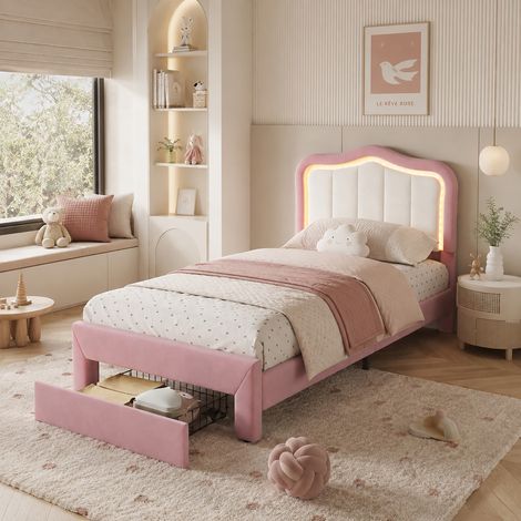 Lit enfant rembourré 90x200 cm 1 place, velours rose, tête de lit avec dossier blanc, LED contrôlée par appli, 1 tiroir au pied, sommier à lattes (1/5)