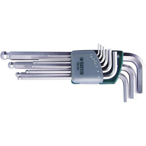 SATA ST09105ASJ Juego de llaves hexagonales métricas de 9 piezas, diseño de punta esférica de brazo largo, con construcción de acero de aleación y carrito resistente a impactos