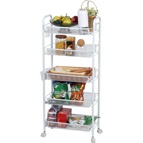 Étagère de rangement de cuisine, chariot de rangement à cinq niveaux, paniers de rangement empilables et détachables, 44×27×105cm, blanc. (1/5)