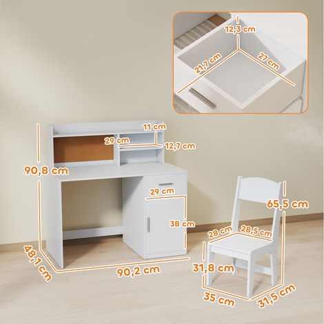 Bureau enfant avec chaise, table enfant et chaise, tiroir, placard, compartiments ouverts, tableau en liège, blanc (1/5)