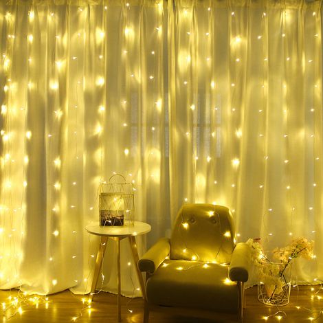 1 Rideau lumineux LED, 300 LED, 8 modes, télécommande, minuterie, blanc chaud, intérieur extérieur (1/5)