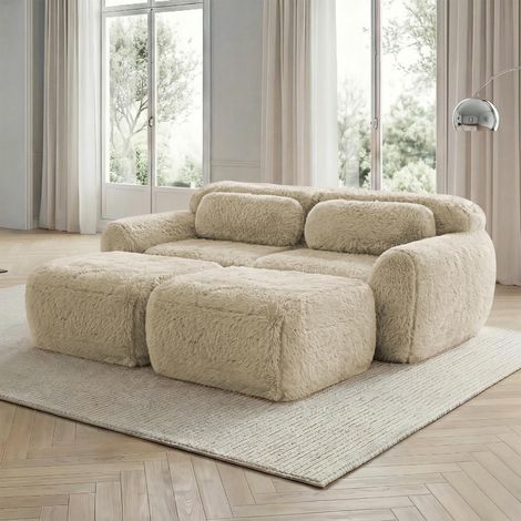 Canapés Cloud sans os, tissu peluche doux, canapé-lit modulable avec 2 poufs, canapé deux places, aucun assemblage requis, canapé confortable pour le salon, kaki clair (1/5)