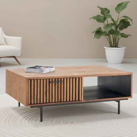 Table basse rétro en teck recyclé et noir 120cm OPLAND Casita (1/2)