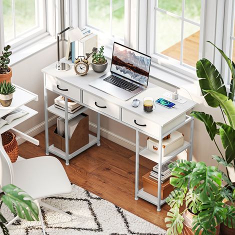 Stylish White Computer Desk with Built-in Charging Station, Adjustable Shelves, Fabric Drawers, and Durable Steel Frame