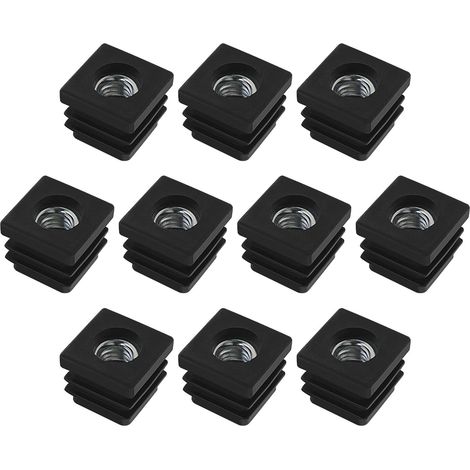 10 Pièces 20x20mm M8 Roulettes Réglables Carrées écrous Bouchons de Tuyau Embouts de Tuyau en Plastique pour Chaises de Garde-robe Couvre-pieds Trampolines Pieds de Meubles Noir (1/5)