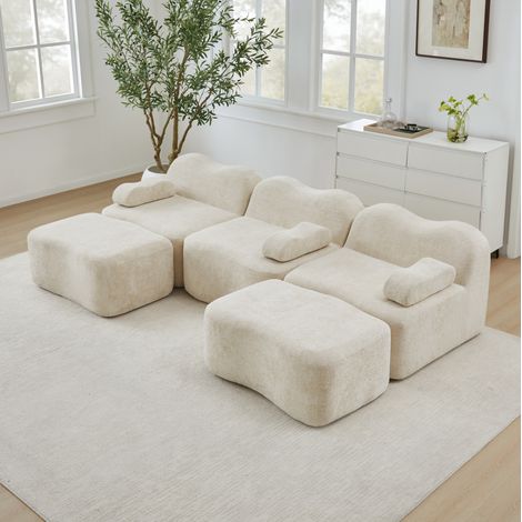 Canapé d'angle modulable en U 3 places avec 2 poufs, mousse 32D, velours beige HAVRYA (1/5)