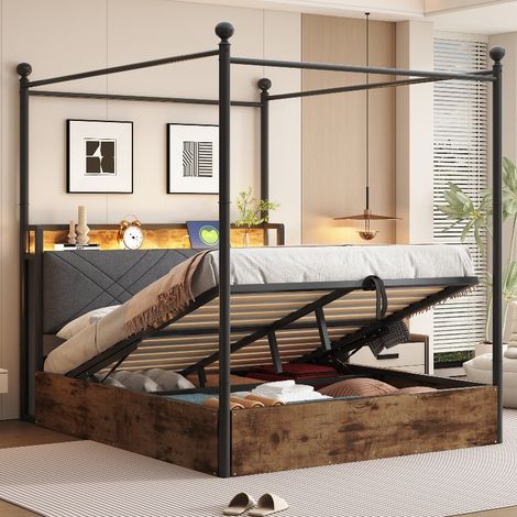 Himmelbett 140x190 mit Stauraum und LED-Beleuchtung, Multifunktionales Metallbett Schwarz mit Hydraulischem Bettkasten und USB-Anschluss (1/5)