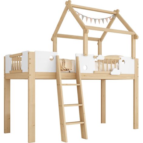 Lit mezzanine 90x200 cm, barrière de sécurité, toit unique, échelle inclinée 3 marches – Pin + MDF + contreplaqué, blanc et bois naturel