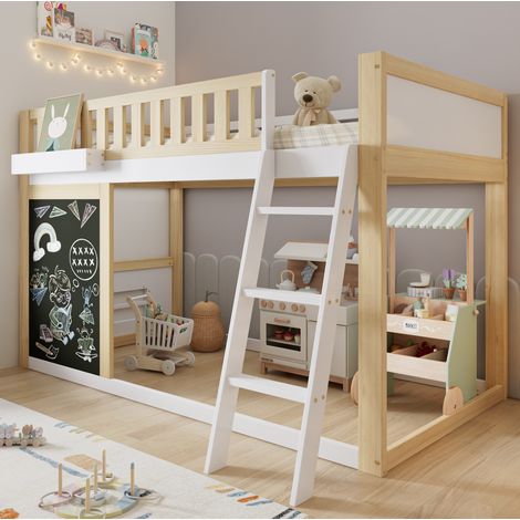 Cama alta infantil de madera maciza y MDF blanco y natural, 90x200 cm, con cuadro, espacio de almacenamiento y somier de láminas. (1/5)