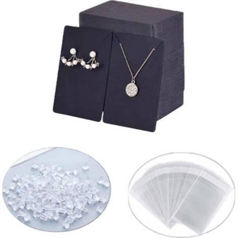Carte D Affichage Pour Boucles D Oreilles - 50 Pièces En Carton Noir - 100 Stoppeurs En Caoutchouc - 50 Sachets En Plastique Autofermants - Format 6 cm x 9 cm (1/5)