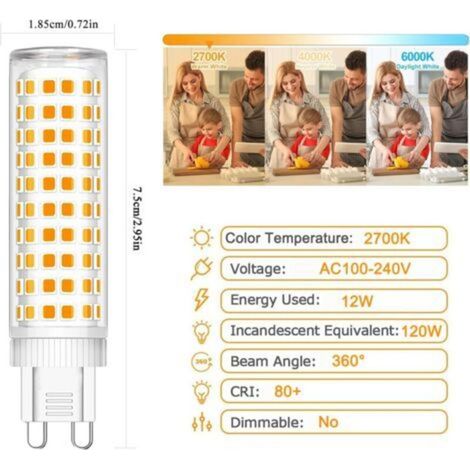 Ampoule LED G9 12W, équivalente à une LED halogène de 120W, blanc chaud 2700K, IRC80, AC100-240V, non dimmable, paquet de 5 [Classe énergétique A] (1/4)