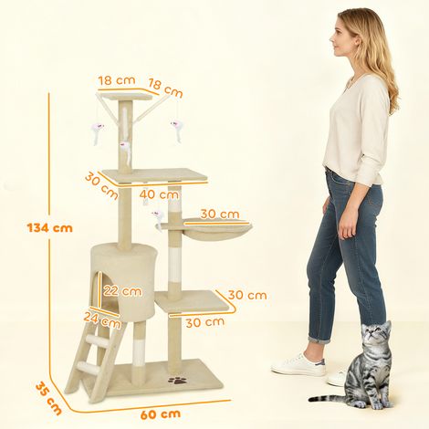 Arbre à chat avec grotte, 4 jouets, poteaux en sisal, grande plateforme, escalier, pour chats de moins de 5 kg, beige (1/5)