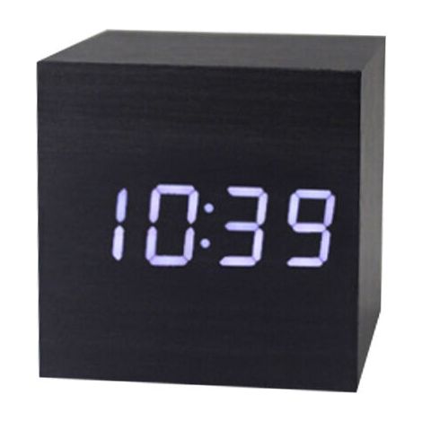horloge en bois led horloge électronique créative horloge numérique carrée mini petit réveil thermomètre horloge de chevet(bois noir et personnages blancs)