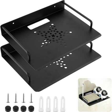 Lot de 2 étagères murales en aluminium pour routeur - 26 x 21 cm - Pour vidéoprojecteur, multimédia - Noir - Pour récepteurs, boîtes à câbles et consoles de jeux (1/5)
