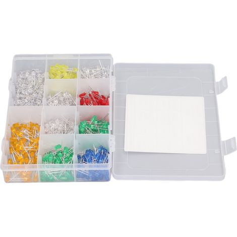 Lot de 500 diodes LED 5 mm (blanc, blanc chaud, rouge, vert, bleu, jaune, rose, violet, UV, orange) avec boîte. (1/5)