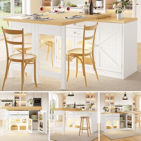 Îlot de cuisine extensible avec table (120–194 cm) doté d'un plateau rotatif à 360°, de placards à façade vitrée, de tiroirs et de rangements pour en-cas à l'intérieur des portes disponible en blanc (1/5)