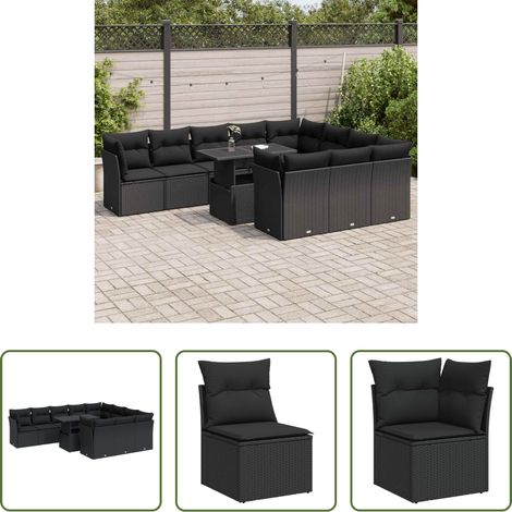 Gartenmöbel - 11-tlg. Garten-Sofagarnitur mit Kissen Schwarz Poly Rattan (1/5)