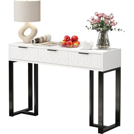 Console avec tiroirs design blanc et noir, structure métal doré, patins réglables et rangements pratiques pour entrée, salon ou bureau, meuble d'appoint élégant - CHICFURN (1/5)