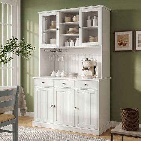 MODFU – Aparador alto 120x40x191 cm con puertas de vidrio, portavasos, 2 enchufes USB-A/USB-C y estantes regulables – Blanco (1/5)