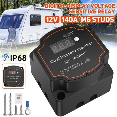 Isolateur de batterie double numérique 12V 140A, relais sensible à la tension étanche IP68, adapté aux camping-cars, caravanes et bateaux. (1/5)