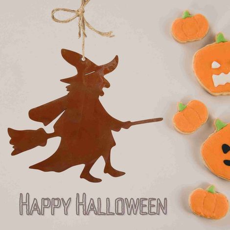 Sorcière Décorative en Métal Rouillé Déco Halloween Jardin à Suspendre ou sur Tige - PANGIVO