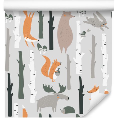 Precioso papel pintado de animales del bosque para salón y dormitorio, 50x1000 cm. (1/5)