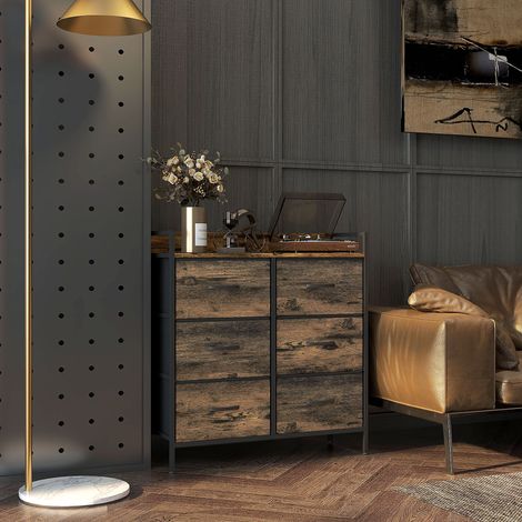 Commode. meuble de rangement pour chambre 6 tiroirs tissu non tissé cadre en acier. 79 x 29 x 85 cm. effet bois d'acajou