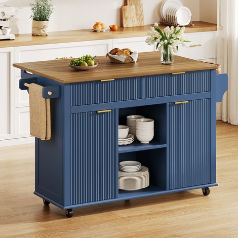 REDOM Isla de cocina 143x45x89.5 cm, encimera abatible, 2 cajones y 2 puertas, MDF azul y marrón (1/5)